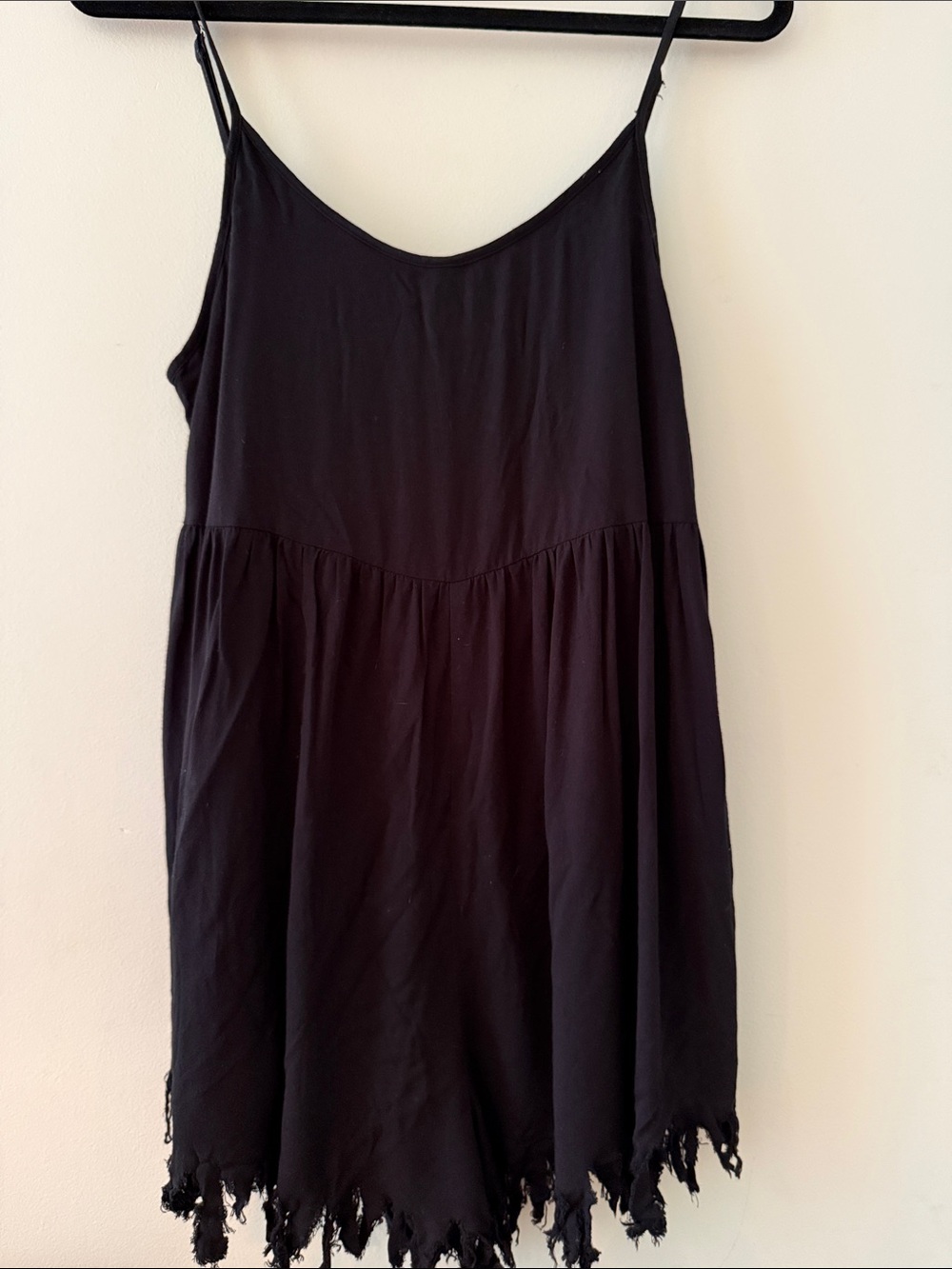 Black Spaghetti Strap Romper with Frayed Hem